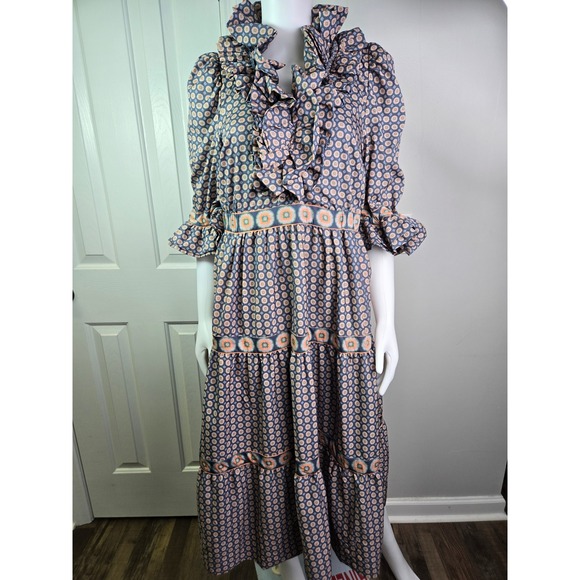 Gretchen Scott Designs Dresses & Skirts - Gretchen Scott Ruffle Collar Tiered Maxi Dress‎ Blue Orange Geometric Floral S